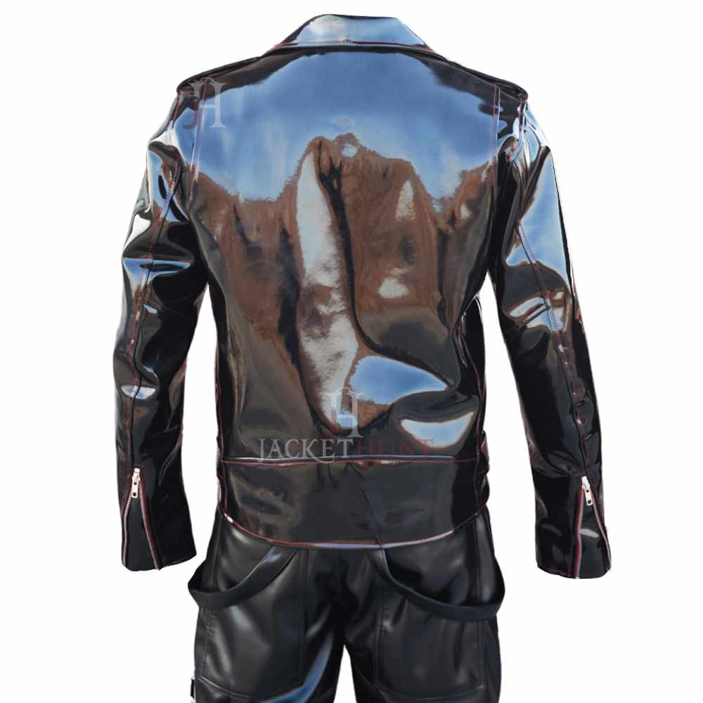 Men EMO Biker Vinyl PVC Jacket Gothic Red Thread Motorcycle Fashion - AMSEL LEATHERS