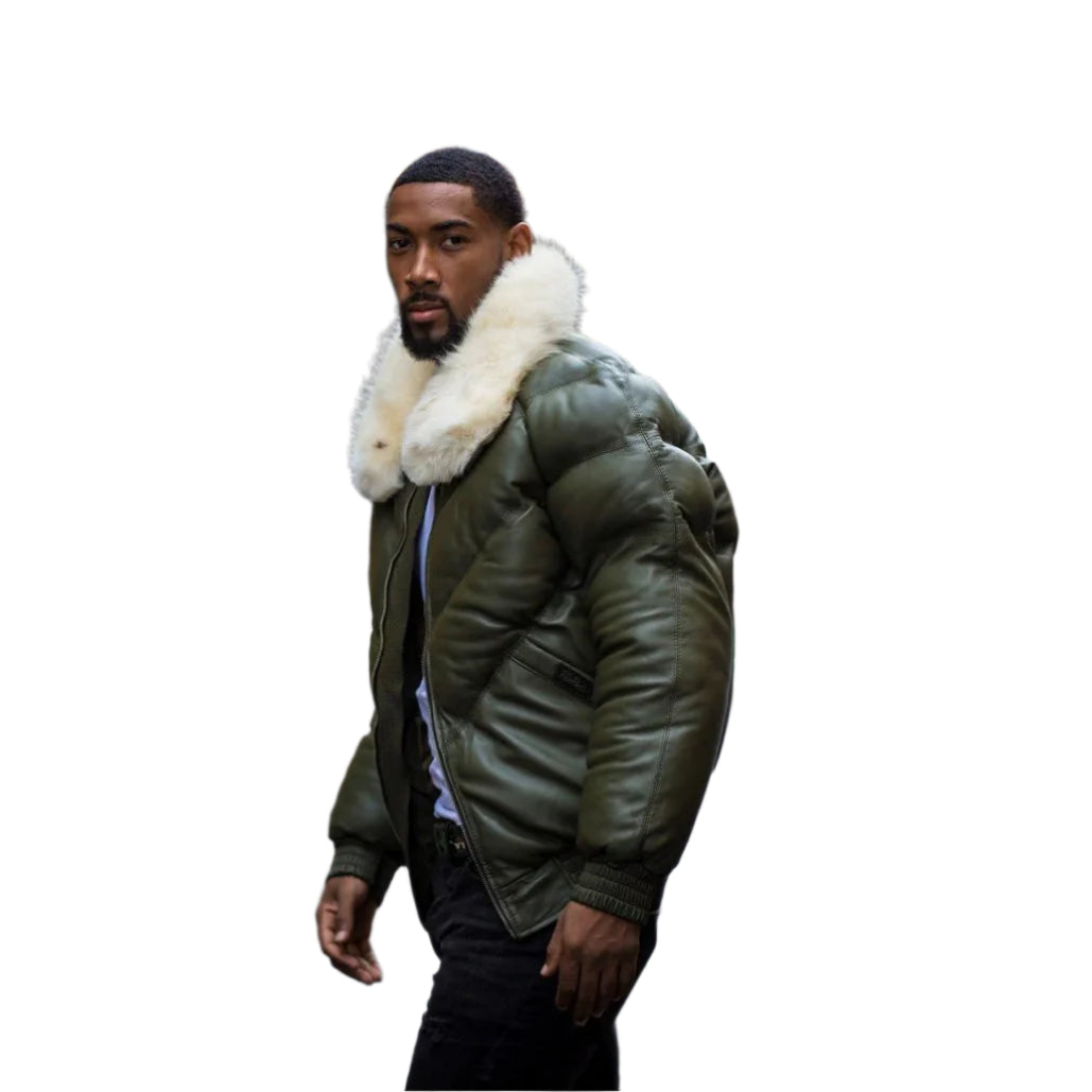 Men Money Green V Bomber Jacket with Off-White Fur Collar - AMSEL LEATHERS