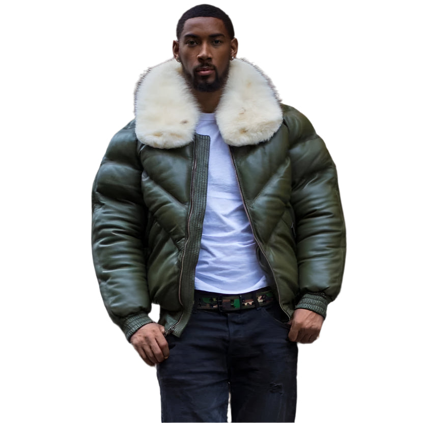 Men Money Green V Bomber Jacket with Off-White Fur Collar - AMSEL LEATHERS