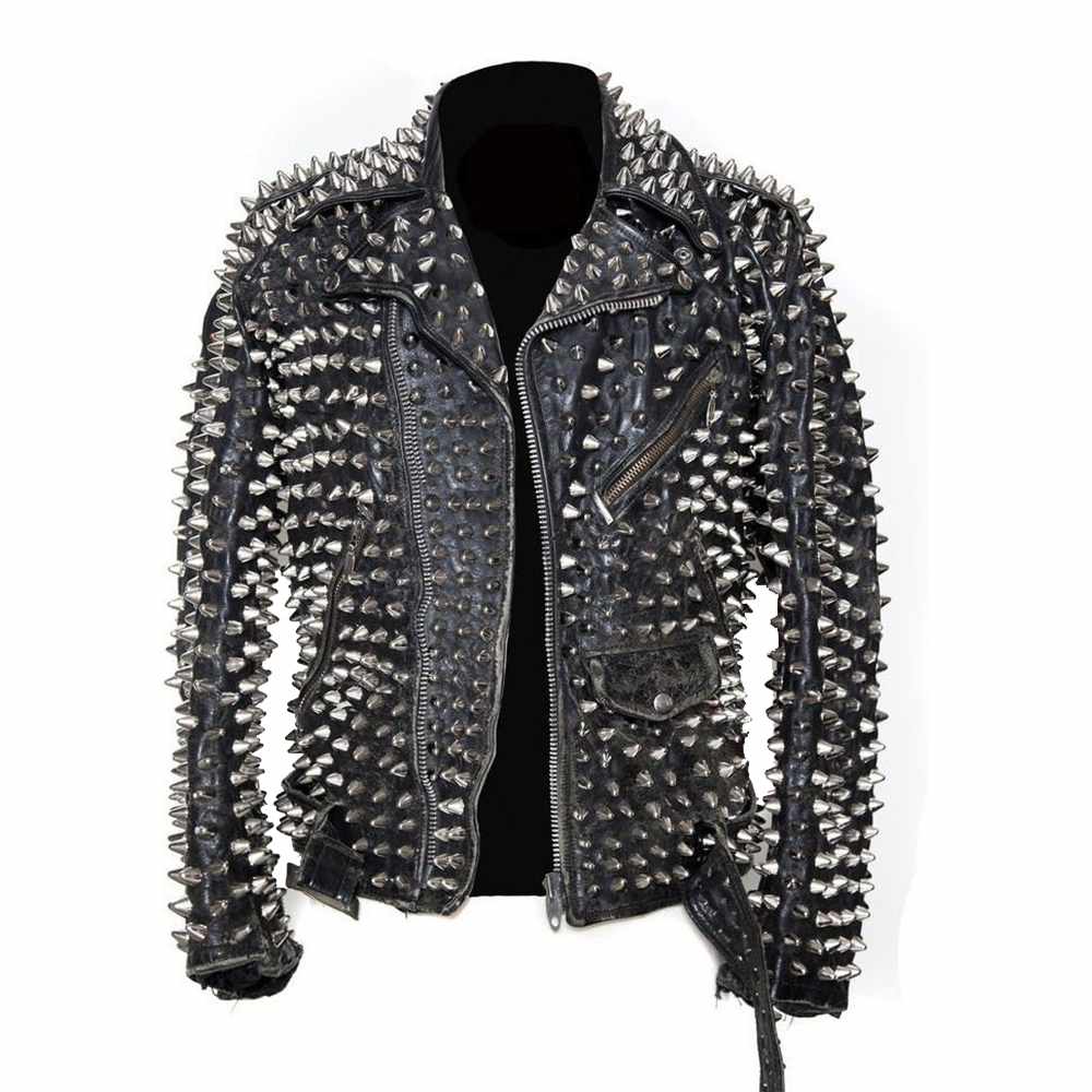 Men Punk Metal Motorcycle Studded Black Leather Jacket - AMSEL LEATHERS