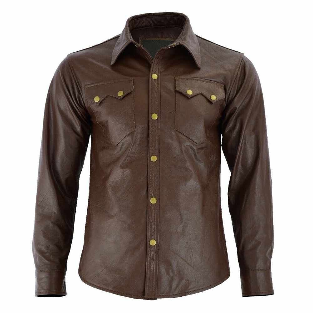 Men Soft Brown Long Sleeve Slim Fit Leather Shirt - AMSEL LEATHERS