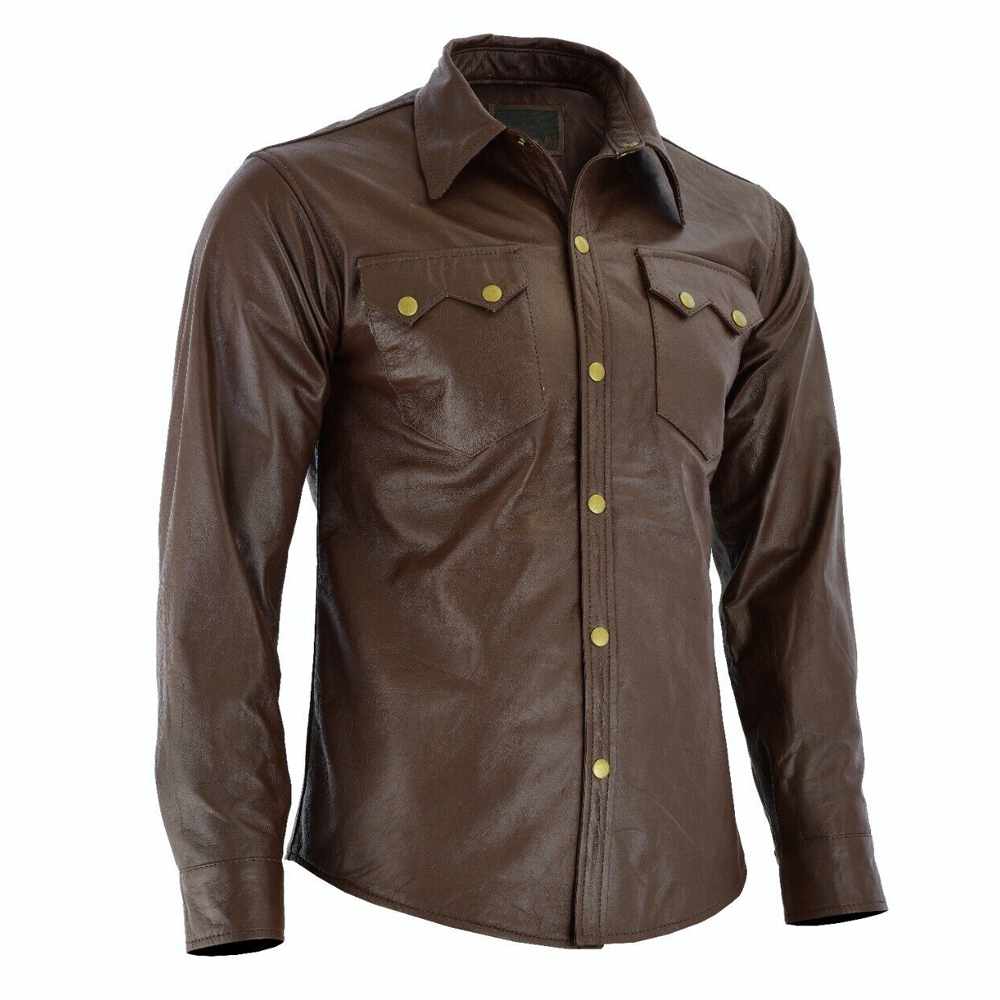 Men Soft Brown Long Sleeve Slim Fit Leather Shirt - AMSEL LEATHERS