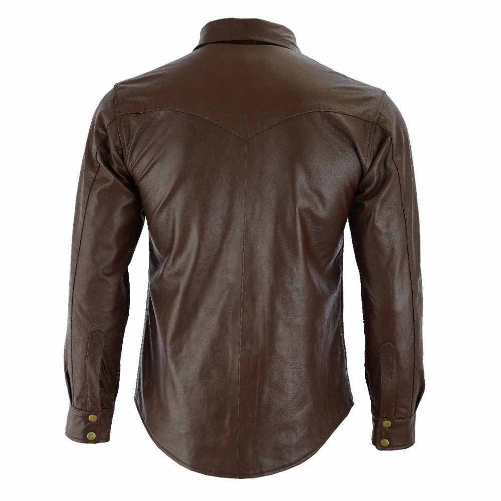 Men Soft Brown Long Sleeve Slim Fit Leather Shirt - AMSEL LEATHERS