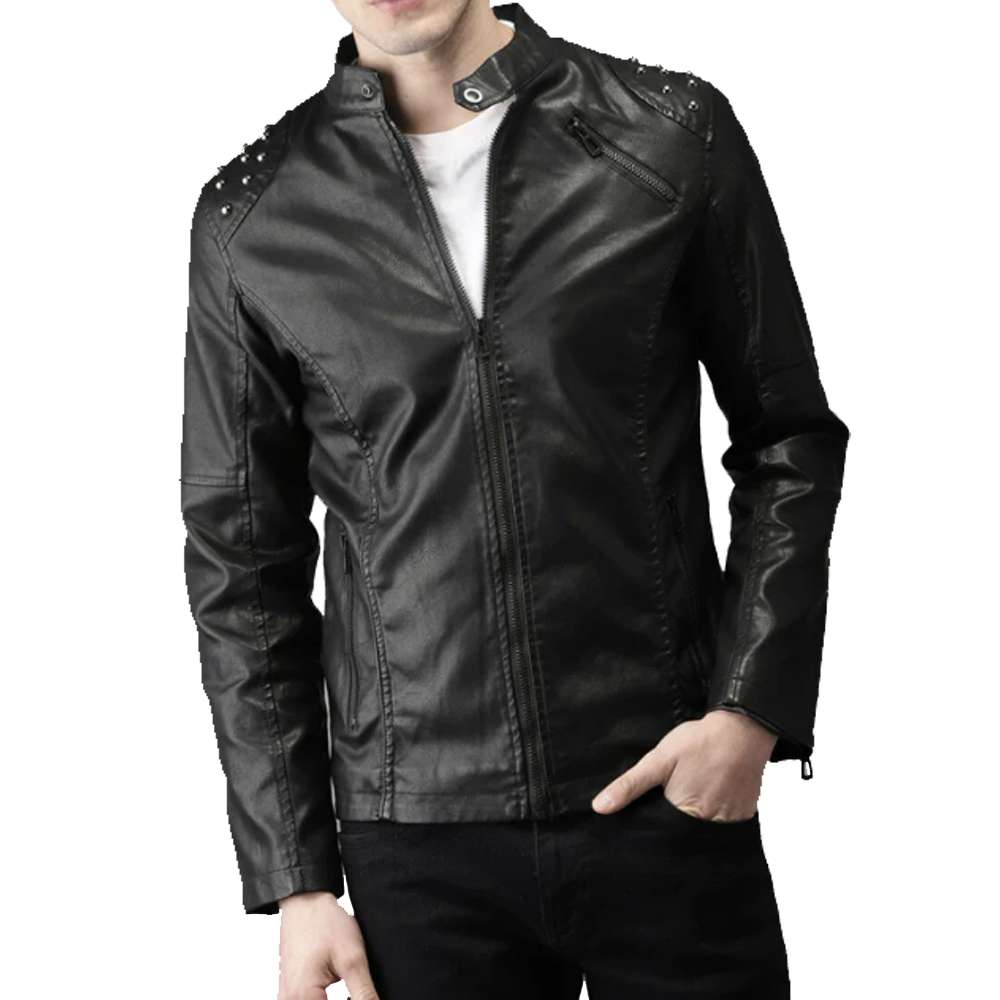 Men's Black Biker Tab Collar Real Leather Jacket Studded - AMSEL LEATHERS