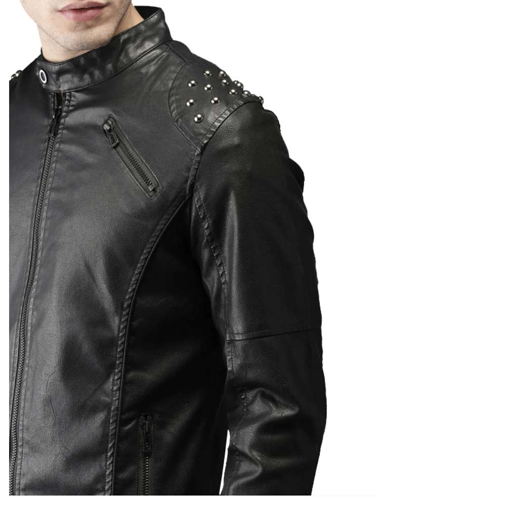 Men's Black Biker Tab Collar Real Leather Jacket Studded - AMSEL LEATHERS