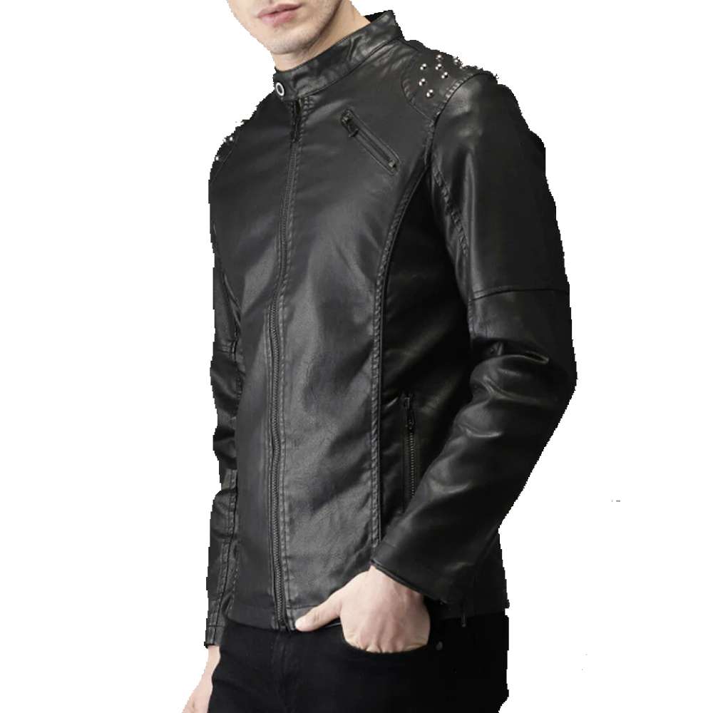 Men's Black Biker Tab Collar Real Leather Jacket Studded - AMSEL LEATHERS