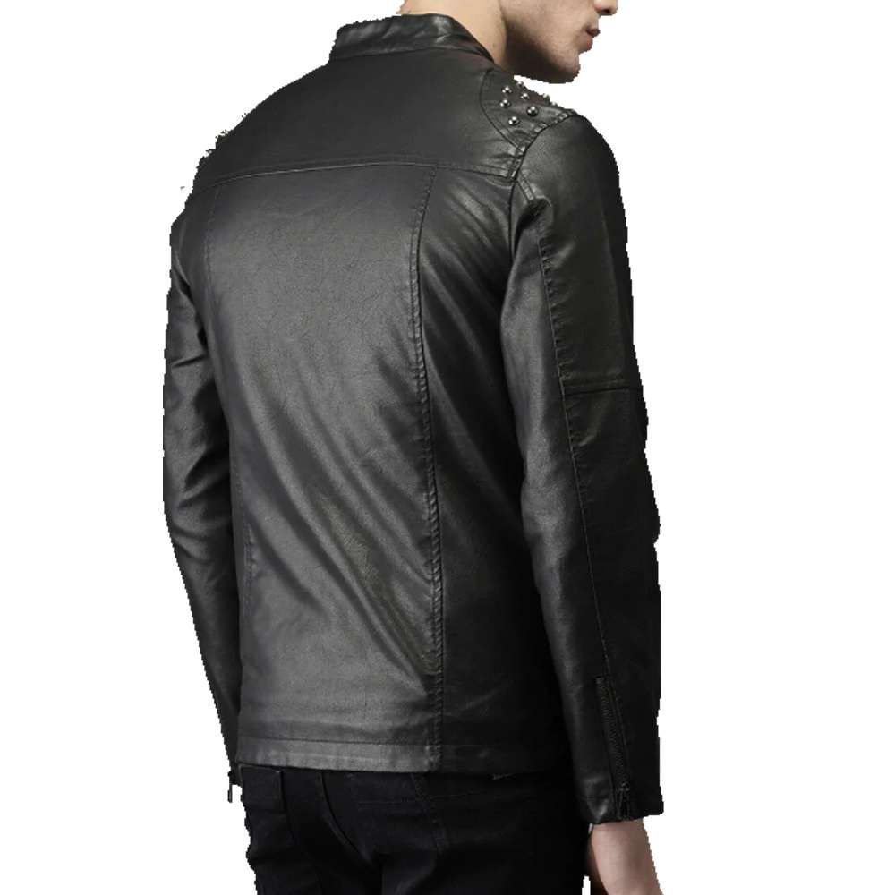 Men's Black Biker Tab Collar Real Leather Jacket Studded - AMSEL LEATHERS