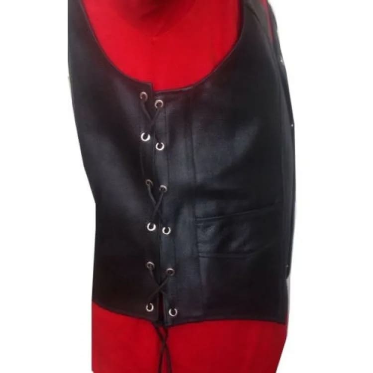 Men's Black Genuine Leather Biker Vest with Side Lacing - AMSEL LEATHERS