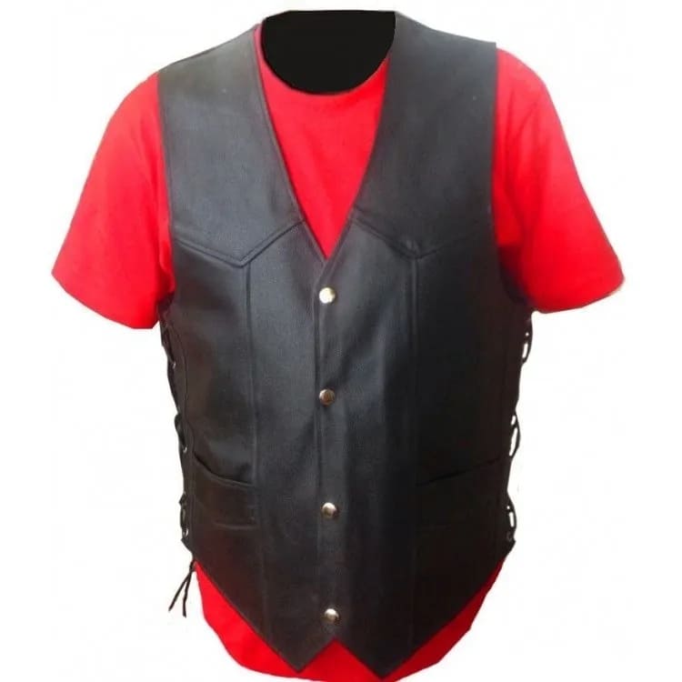 Men's Black Genuine Leather Biker Vest with Side Lacing - AMSEL LEATHERS