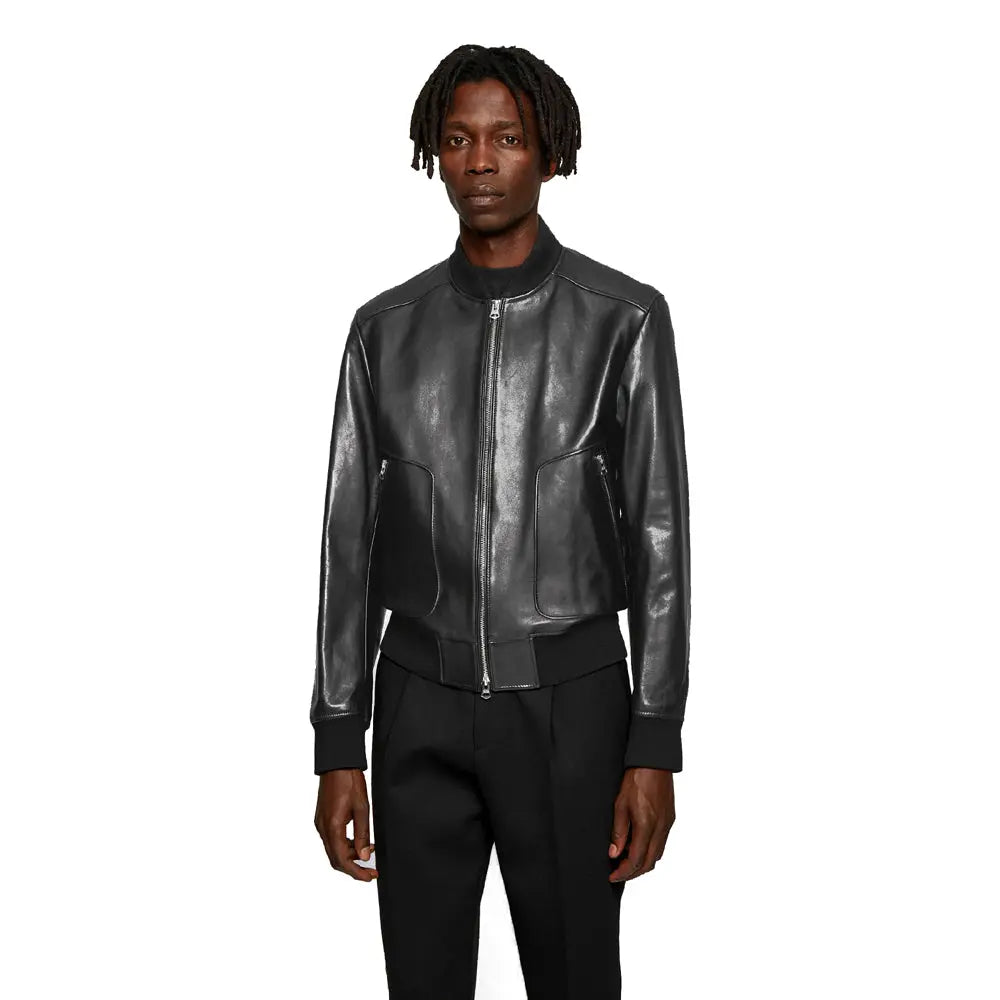 Men's Black Leather Bomber Jacket Amsel Leathers