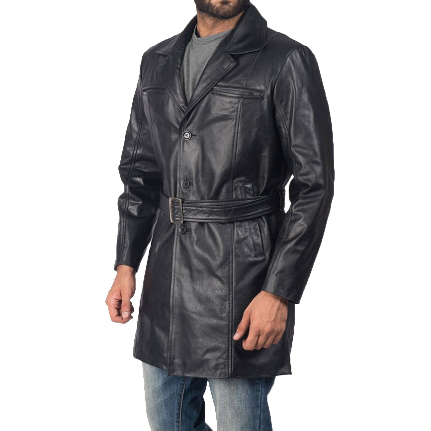 Men's Black Sheepskin Leather Trench Coat - AMSEL LEATHERS