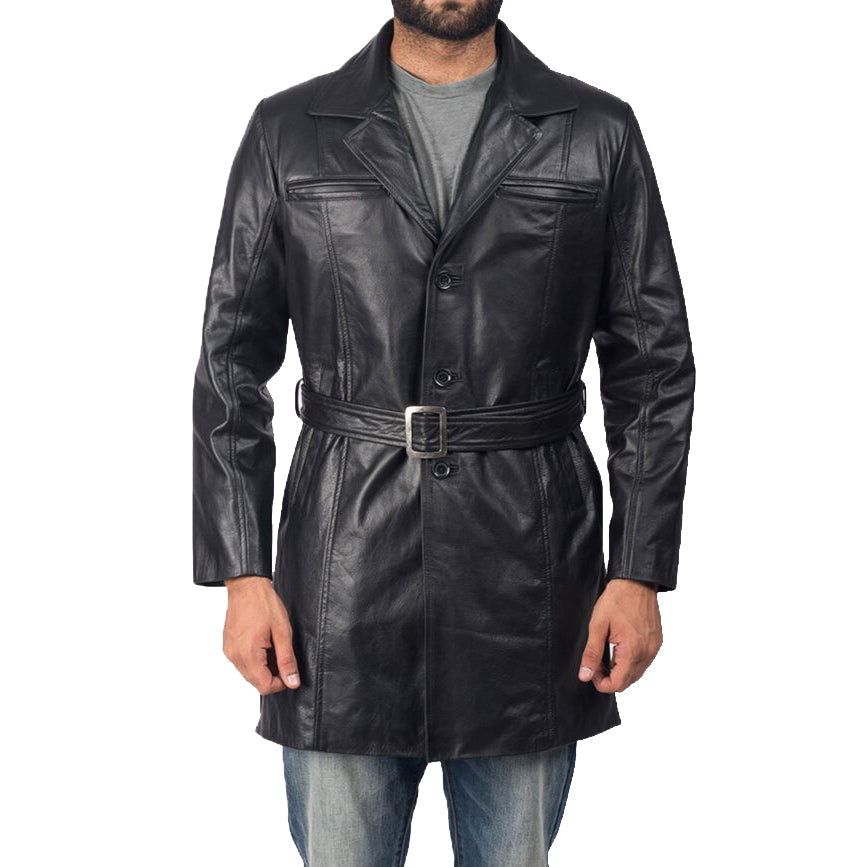 Men's Black Sheepskin Leather Trench Coat - AMSEL LEATHERS