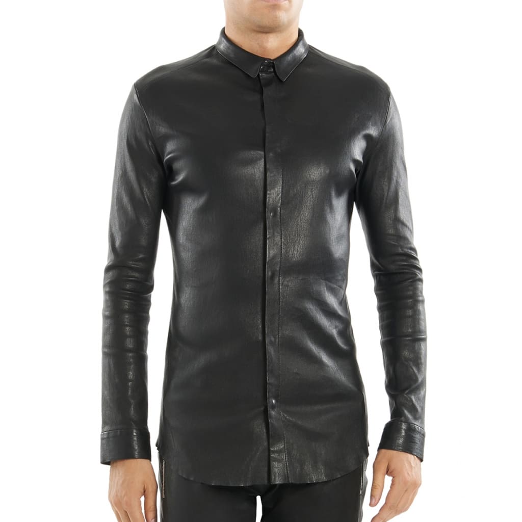 Men's Black Tight Fitted Leather Shirt - Bold and Stylish - AMSEL LEATHERS