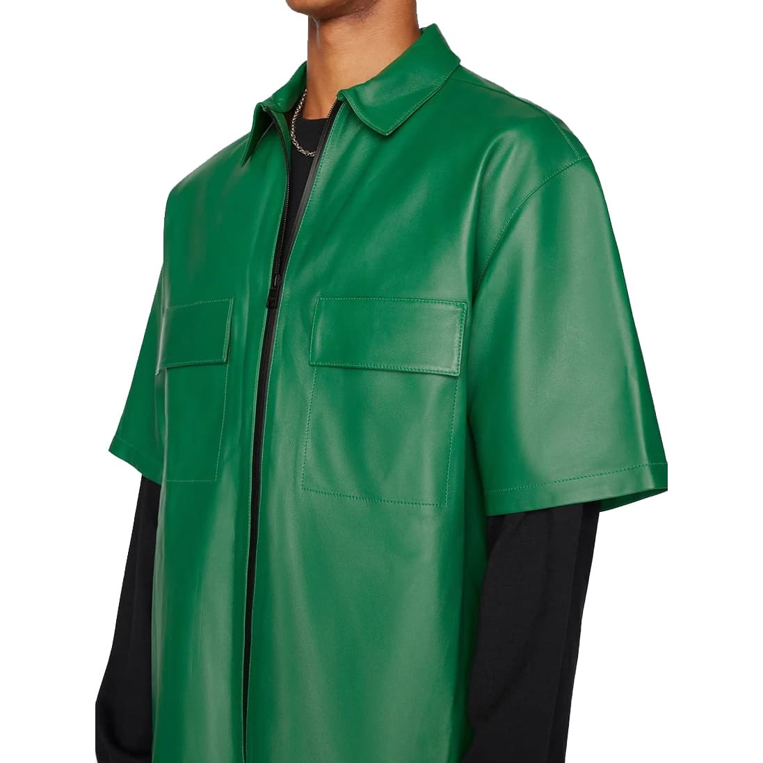 Men's Green Half Sleeve Leather Shirt - AMSEL LEATHERS