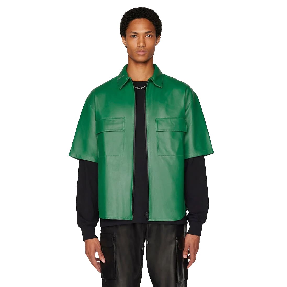 Men's Green Half Sleeve Leather Shirt - AMSEL LEATHERS