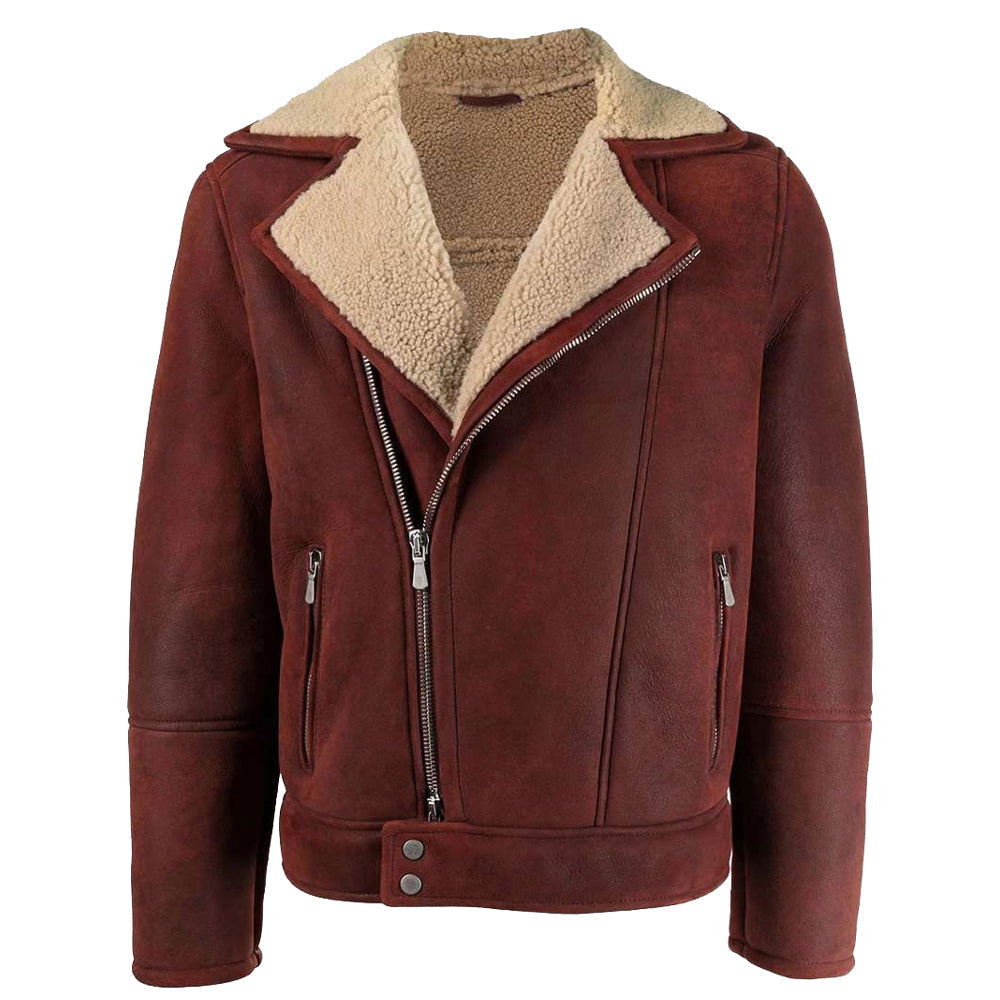 Men's Motorbike Shearling Burgundy Suede Leather Jacket - AMSEL LEATHERS