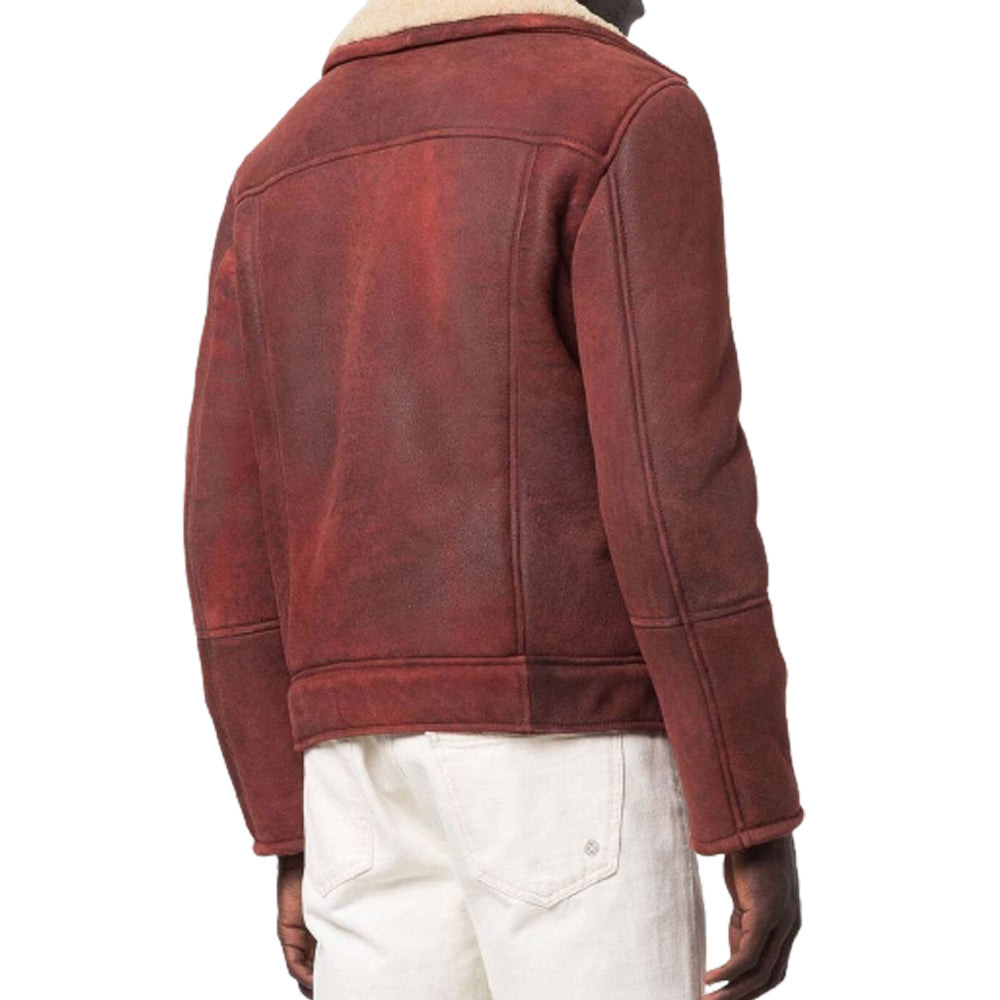 Men's Motorbike Shearling Burgundy Suede Leather Jacket - AMSEL LEATHERS