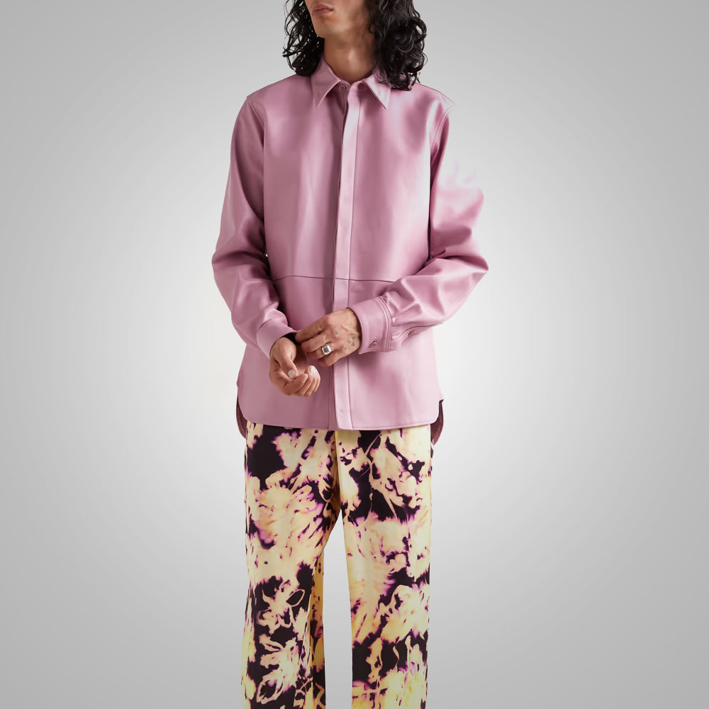 men's pink goatskin leather shirt garrick side angle