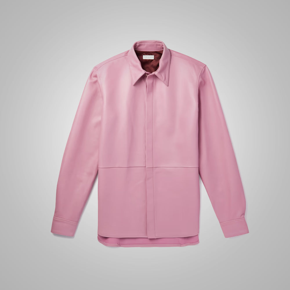 men's pink goatskin leather shirt garrick front view