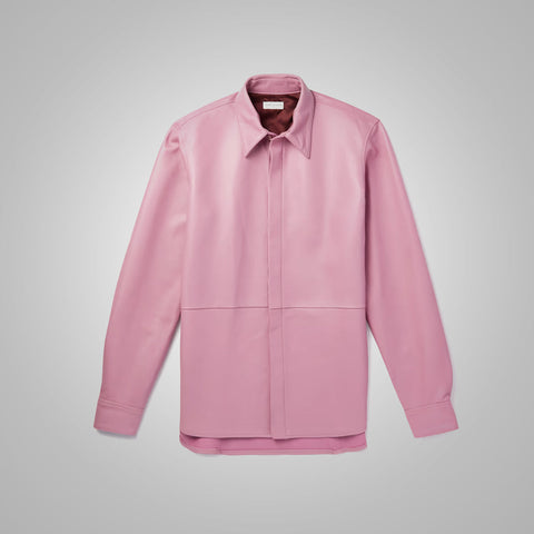 men's pink goatskin leather shirt garrick front view