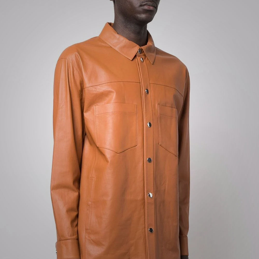 men's brown sheepskin leather shirt silas back view