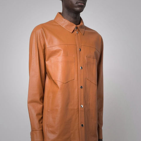 men's brown sheepskin leather shirt silas back view