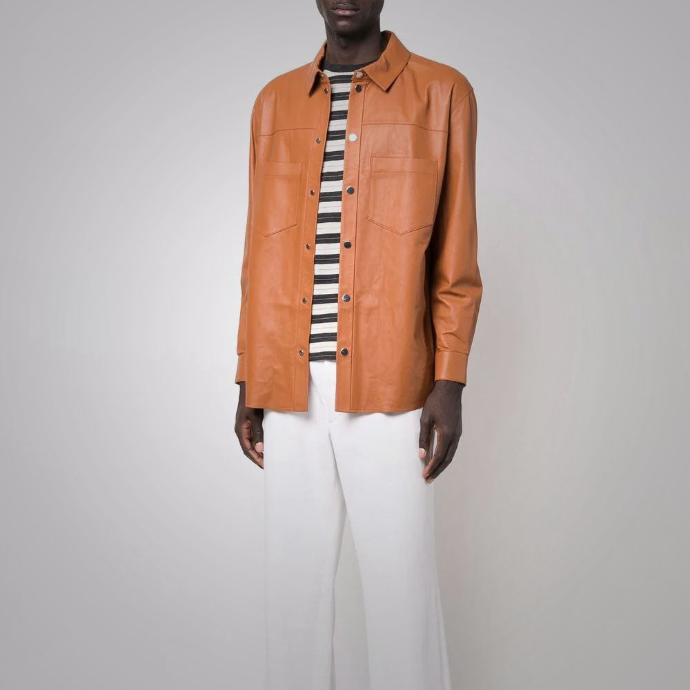 men's brown sheepskin leather shirt silas detail close up