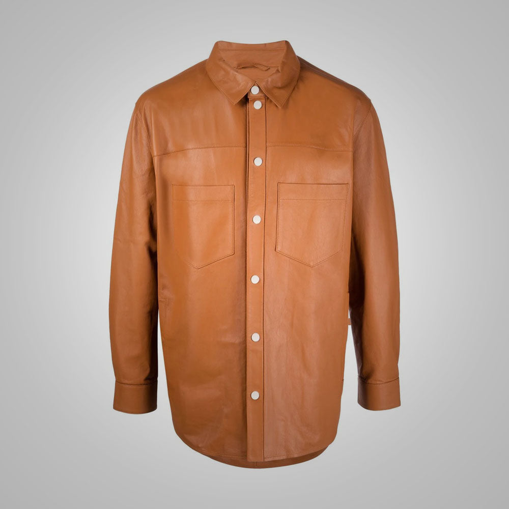 men's brown sheepskin leather shirt silas front view