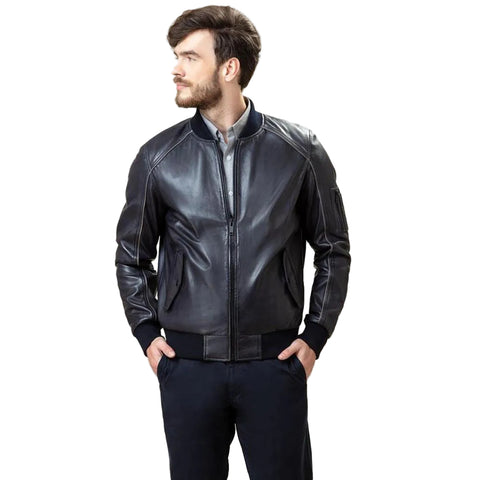 men’s black lambskin leather bomber jacket side angle