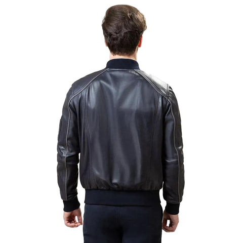 men’s black lambskin leather bomber jacket back view