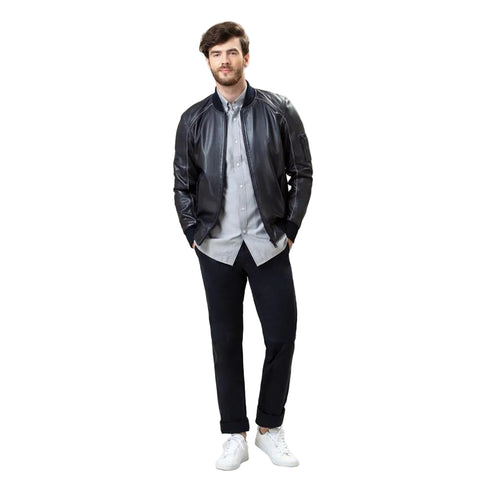 men’s black lambskin leather bomber jacket detail view