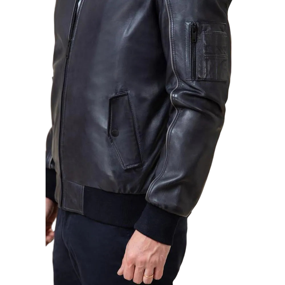 men’s black lambskin leather bomber jacket additional product view