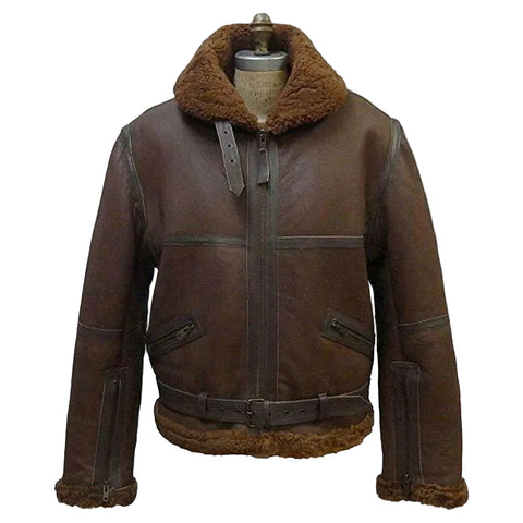 men’s sheepskin leather aviator jacket front view