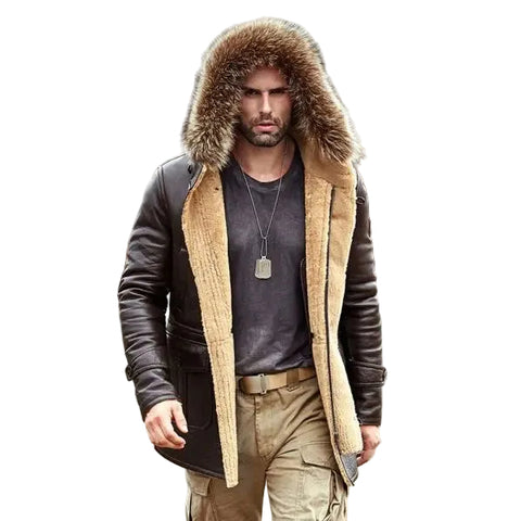 men’s sheepskin leather trench coat side angle
