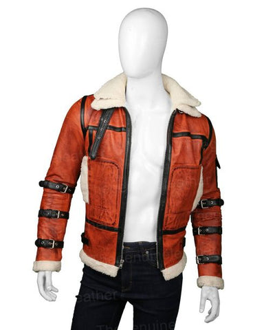 men’s red sheepskin leather aviator jacket side angle