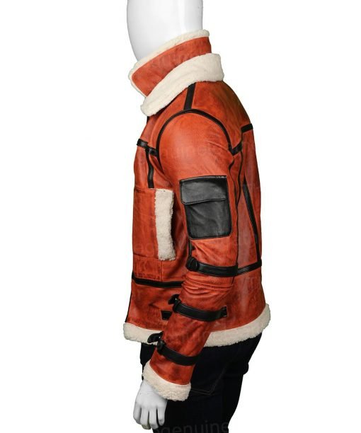 men’s red sheepskin leather aviator jacket detail view