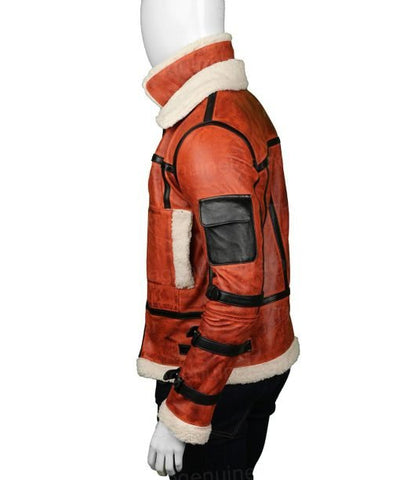 men’s red sheepskin leather aviator jacket detail view