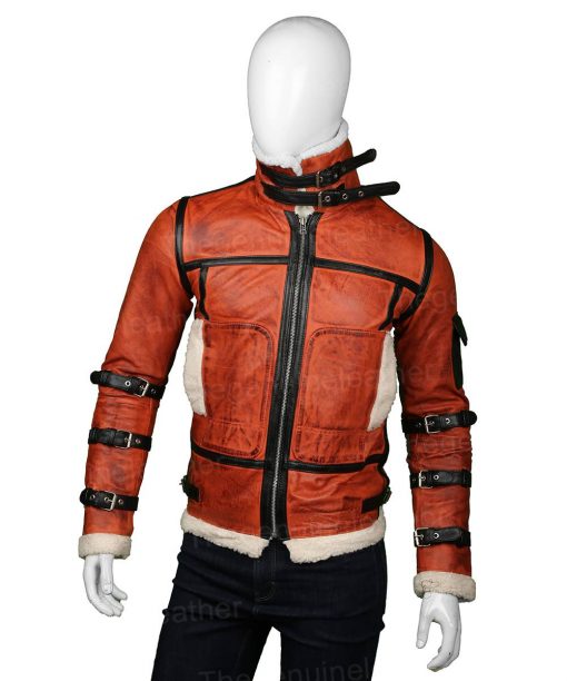 men’s red sheepskin leather aviator jacket front view