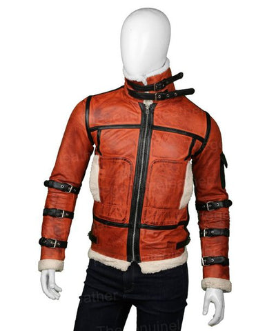 men’s red sheepskin leather aviator jacket front view