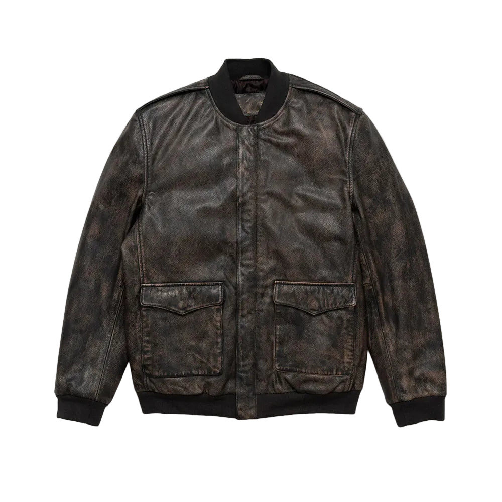 men’s black sheepskin leather aviator jacket front view