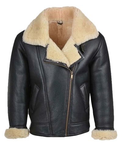 men’s black sheepskin leather aviator jacket front view