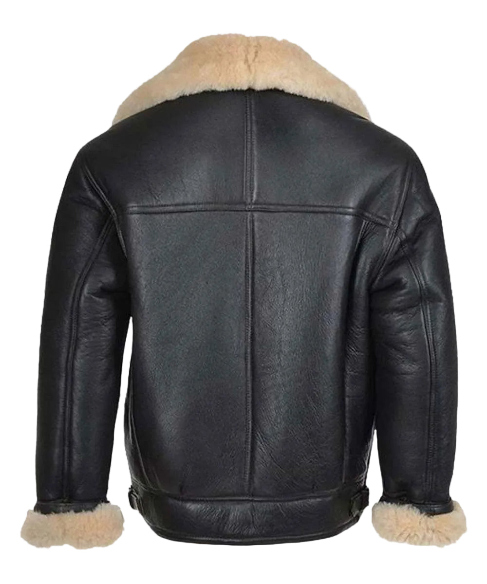 men’s black sheepskin leather aviator jacket side angle