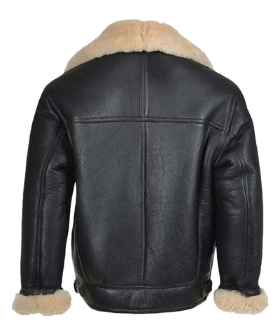 men’s black sheepskin leather aviator jacket side angle