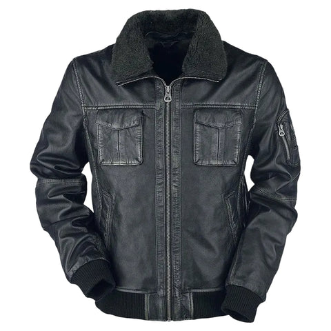 men’s black cowhide leather biker jacket front view