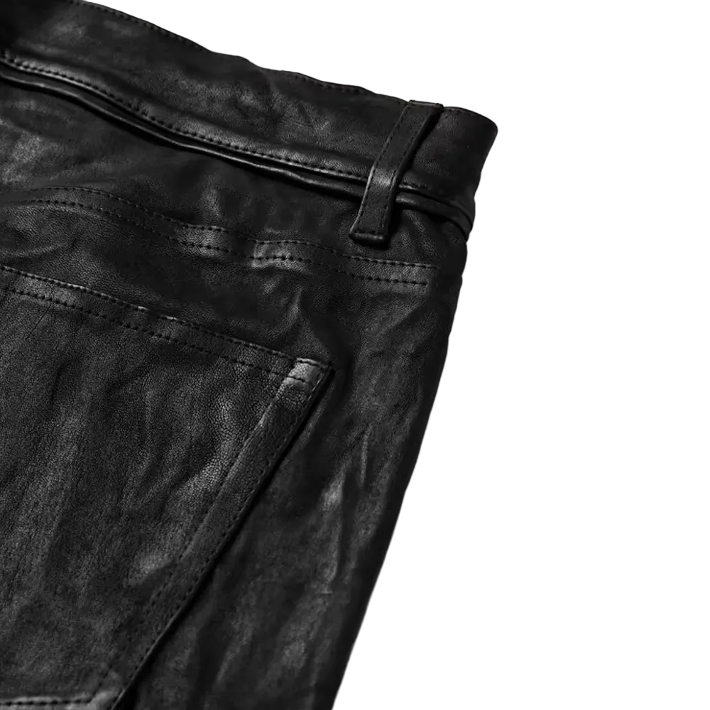 men's black cowhide leather pants lucien detail close up