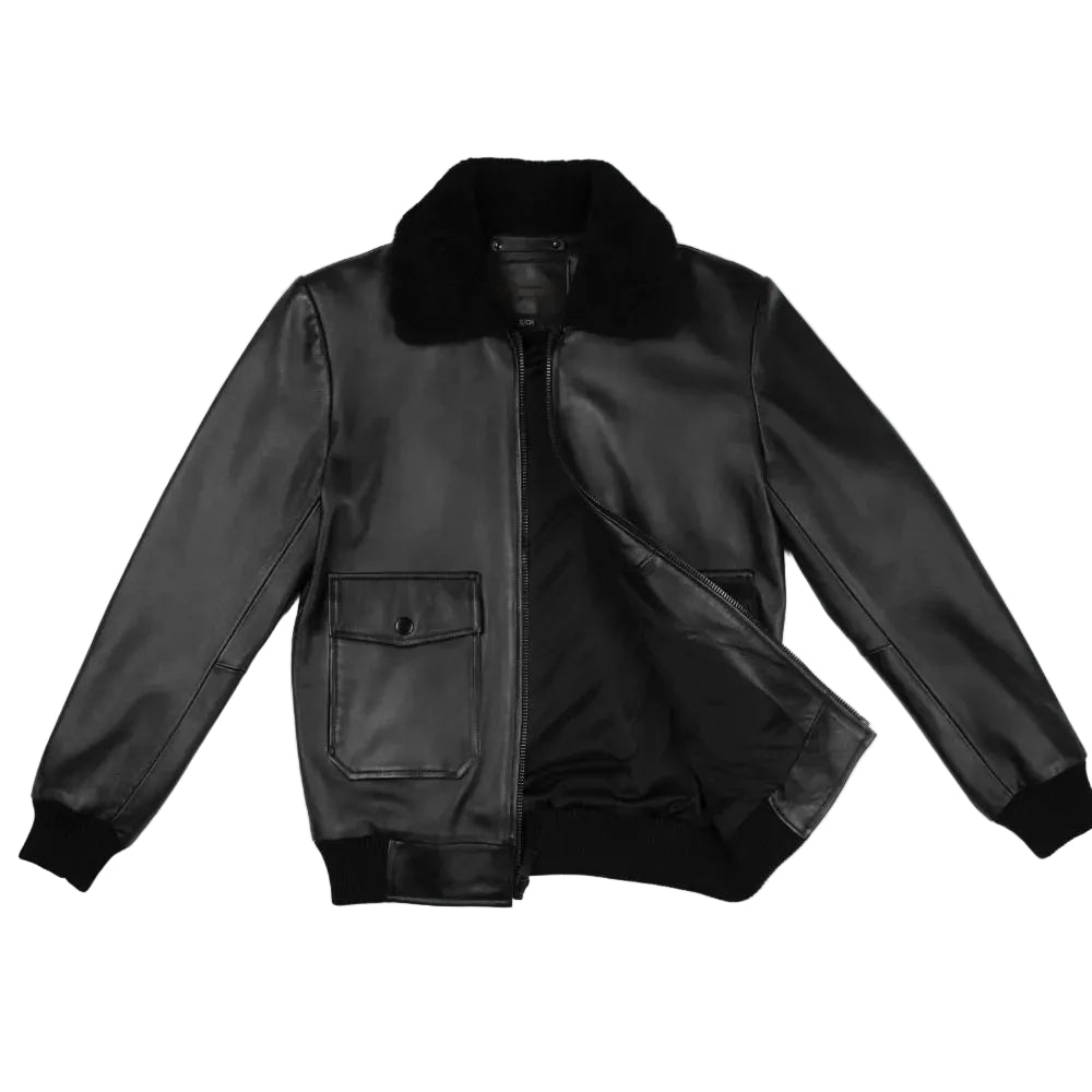 men’s black cowhide leather aviator jacket back view