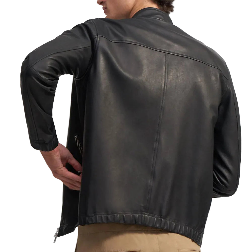 men’s black lambskin leather biker jacket side angle