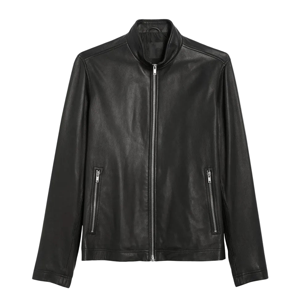 men’s black lambskin leather biker jacket front view