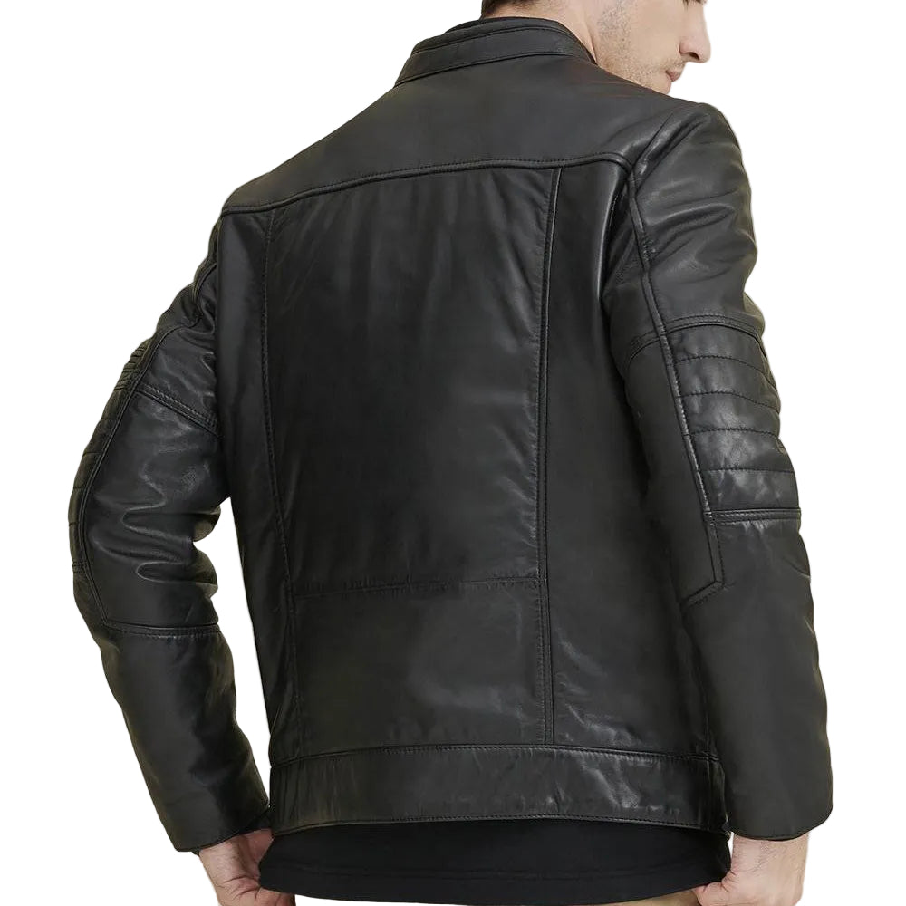 men’s black cowhide leather biker jacket side angle
