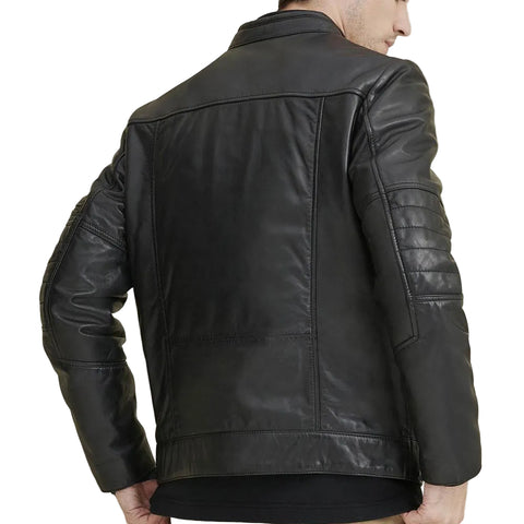 men’s black cowhide leather biker jacket side angle